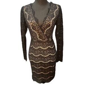 Francesca's Dress Black Lace Nude Colored Lining Size Small Open Back Long Sleev